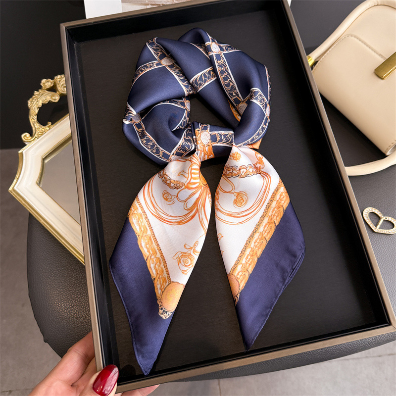 Face Scarf Mask - Blue Classic Chain Print Square Silk
